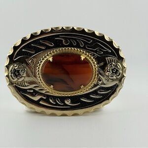 Western Oval Agate Stone Belt Buckle Gold Tone Black Enamel Cowboy Vintage Style